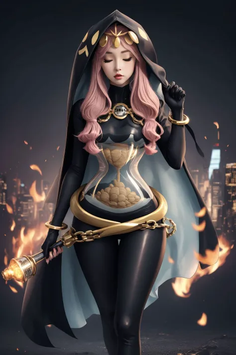 <lora:Aeon_Skullgirls-10:0.7>,aeonSG,1girl,pink hair,long hair,closed eyes,hood,bodysuit,hourglass figure,bracelet,anklet,black footwear,, (masterpiece, best quality, high quality, highres, ultra-detailed),