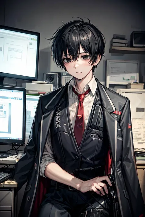 (masterpiece, best quality), illustration, <lora:limbusyisang_v1:0.8>, yisang_limbus, default_outfit, 1boy, solo, red necktie, white shirt, collared shirt, black pants, black vest, black jacket, jacket on shoulders, indoors, (messy room, night, dark:1.3), ( sketch, outline:1.1) ,( cyber, lot of cable, retro computer, IT gadget, PC parts:1.2), sitting, on floor, <lora:more_details:0.5>