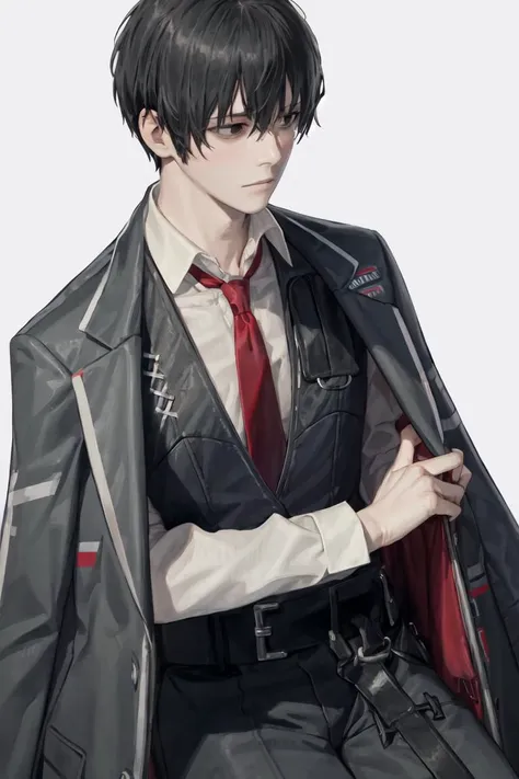 soft lightning, (masterpiece, best quality), <lora:limbusyisang_v1:1>, yisang_limbus, default_outfit, 1boy, solo, red necktie, black jacket, black vest, jacket on shoulders, white shirt, collared shirt, black pants, sitting, looking away, (grey background:1.2), simple background,