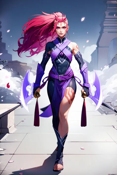 <lora:Dota2AntimageWei:0.8>Antimage_Wei, 1girl, single_thighhigh, cherry_blossoms, falling_petals, long_hair, petals, solo, dawn,dual_wielding, holding, holding_weapon