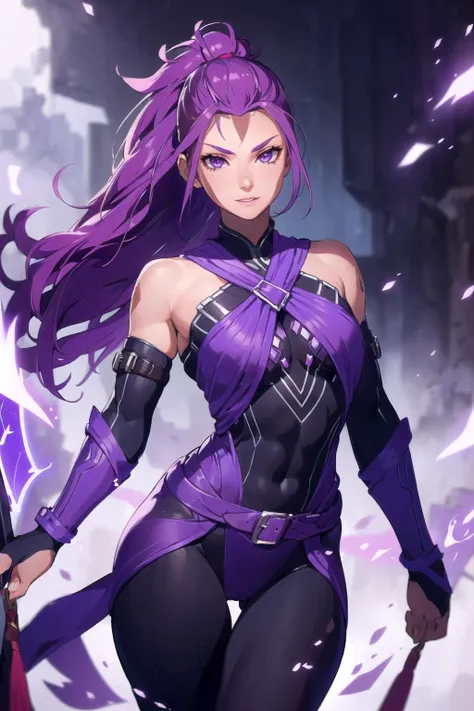 (masterpiece), best quality, medium full shot, Antimage Wei, 1girl, solo, single thighhigh, long hair, side-cut hair, thigh gap, thin waist, muscular, detailed face, pretty eyes, purple eyes, eyelashes, (purple light), detailed, 8k, [purple colors]
<lora:dotaWei:0.8>
