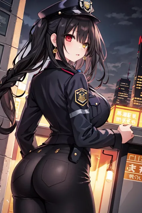 1girl, solo, from behind, 
<lora:aki:0.6>, tokisaki kurumi, black hair, loose_hair, very_long_hair, twintails, twin braids,  earrings, glowing eyes, heterochromia, 
medium breasts, huge ass, 
police uniform, police hat, policewoman, 
looking at viewer, 
city, weird atmosphere, (best quality:1.1), (masterpiece:1.2), high quality shadow, beautiful detailed, (high detailed skin, skin details), (wide_landscape, 8k), beautiful face, detailed eyes, depth of field, dramatic light, best quality, highres, best shadow, best illumination,