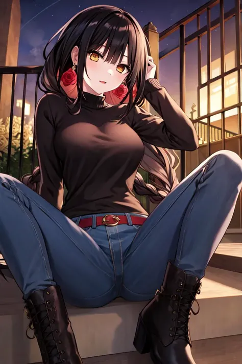 1girl, solo, spread legs, 
<lora:aki:0.6>, tokisaki kurumi, black hair, loose_hair, very_long_hair, twintails, twin braids, earrings, glowing eyes, heterochromia,
medium breasts,
hair ornament,red rose, armpit crease,
black sweater, long sleeves,
blue_jeans, ankle boots,
looking at viewer,
city alley, steps, sitting, night,, weird atmosphere, (best quality:1.1), (masterpiece:1.2), high quality shadow, beautiful detailed, (high detailed skin, skin details), (wide_landscape, 8k), beautiful face, detailed eyes, depth of field, dramatic light, best quality, highres, best shadow, best illumination,