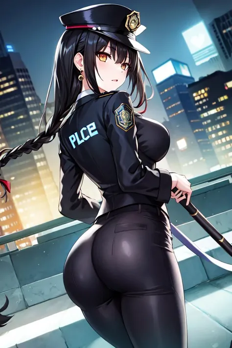 1girl, solo, from behind,
<lora:aki:0.6>, tokisaki kurumi, black hair, loose_hair, very_long_hair, twintails, twin braids, earrings, glowing eyes, heterochromia,
medium breasts, huge ass,
police uniform, police hat, policewoman,
looking at viewer, baton,
city, weird atmosphere, (best quality:1.1), (masterpiece:1.2), high quality shadow, beautiful detailed, (high detailed skin, skin details), (wide_landscape, 8k), beautiful face, detailed eyes, depth of field, dramatic light, best quality, highres, best shadow, best illumination,