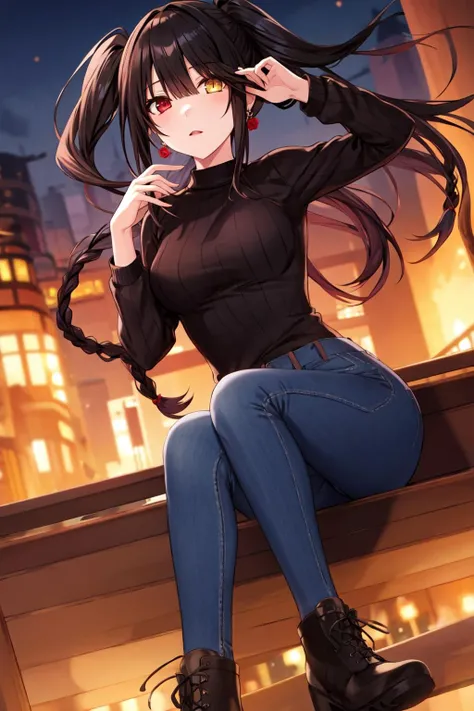 1girl, solo,
<lora:aki:0.6>, tokisaki kurumi, black hair, loose_hair, very_long_hair, twintails, twin braids, earrings, glowing eyes, heterochromia,
,
hair ornament,red rose, armpit crease,
black sweater, long sleeves,
blue_jeans, ankle boots,
looking at viewer,
city alley, steps, sitting, night,, weird atmosphere, (best quality:1.1), (masterpiece:1.2), high quality shadow, beautiful detailed, (high detailed skin, skin details), (wide_landscape, 8k), beautiful face, detailed eyes, depth of field, dramatic light, best quality, highres, best shadow, best illumination,