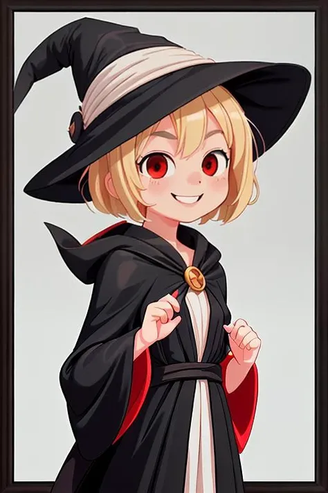 Mavis Wanzeki(young female teen witch, mischievous smile, blonde pixie-cut hair, small frame, small bust, red eyes, round face) wearing(tight black witch robes, Small witch hat)