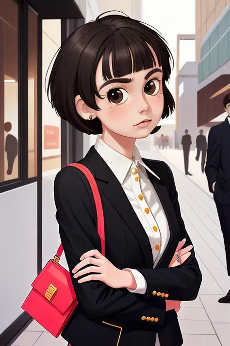 Josie Burch(Short Swedish woman, round face, black bopped hair, brown eyes, small bust) wearing(business casual)
