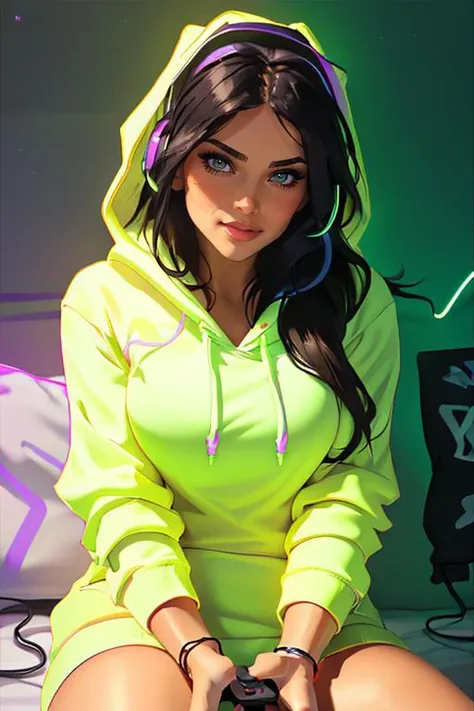 DEN_avitacorinne_OF,
(sitting at a computer wearing headphones and playing games (holding a controller:1.2) wearing a (hoodie:1.2) in a (neon lit room:1.3), (gamer:1.2), gaming, (gamer girl:1.3), games, (purple lighting, neon:1.2):1.2),
bokeh, f1.4, 40mm, photorealistic, raw, 8k, textured skin, skin pores, intricate details <lora:epi_noiseoffset2:1>, epiCRealism