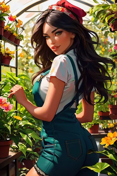 DEN_avitacorinne_OF,
(in a giant glass green house filled with exotic flowers and plants wearing overalls and a bandana walking through the flowers, arboretum, green house, glass, plants, flowers:1.2),
bokeh, f1.4, 40mm, photorealistic, raw, 8k, textured skin, skin pores, intricate details  <lora:epi_noiseoffset2:1>, epiCRealism <lora:ClothingAdjuster3:-1>