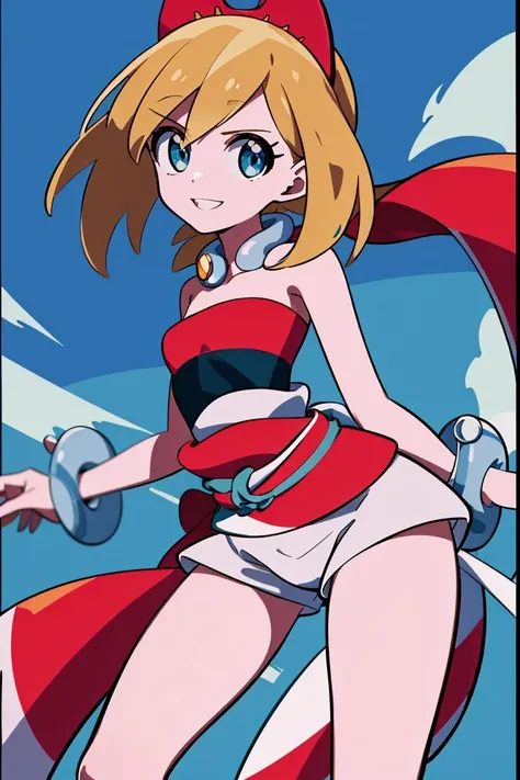 <lora:Sameyama_Jiro_Style_Dim32:0.8>, ((masterpiece,best quality)), absurdres, <lora:irida_(pokemon)_v1:0.7>, aairida, short hair, red hairband, neck ring, collar, strapless shirt, red shirt, bracelet, sash, waist cape, white shorts, bare legs, solo, smiling, looking at viewer, cowboy shot, cinematic composition, contrapposto,