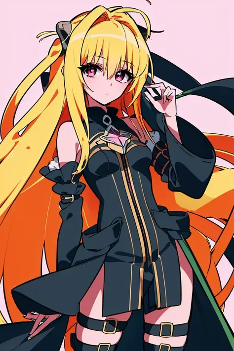 <lora:Sameyama_Jiro_Style_Dim32:0.8>, ((masterpiece,best quality)), absurdres, (finely detailed beautiful eyes: 1.2), phyami, yaminor, 1girl, solo, blonde hair, long hair, red eyes, thigh strap, very long hair, detached sleeves, black dress, <lora:yami-v1:1.0>,contrapposto