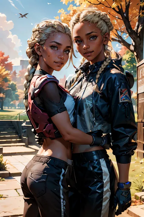 Illustrations hyper realistic, ultra detailed photograph of a BLACK woman being the character cammy from the street fighter game, military clothes, with skirt, showing the whole body, smiling, the afternoon, depth of field, HOF, hall of fame, detailed gorgeous face, scenery of an air base, natural body posture, professional photographer, captured with professional DSLR camera, trending on Artstation, 64k, ultra detailed, ultra accurate detailed, medium bokeh lighting, surrealism, Thomas Kinkade background, urban, ultra unreal engine, WLOP, Pauline Voß, Pascal Quidault, , Christian Schob, Martina Fackova, intricate, epic, freckles, peach fuzz, detailed mascara