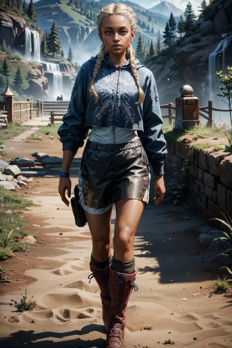 MickeyFar, woman, dark skin, blonde hair, twin braids, gloves, pants,  jacket, brown eyes, fingerless gloves, looking at viewer, serious, smiling, portrait,
standing, outside, swamp, shack, blue sky, extreme detail, hdr, beautiful quality, masterpiece,<lora:MickeyFar:.7>