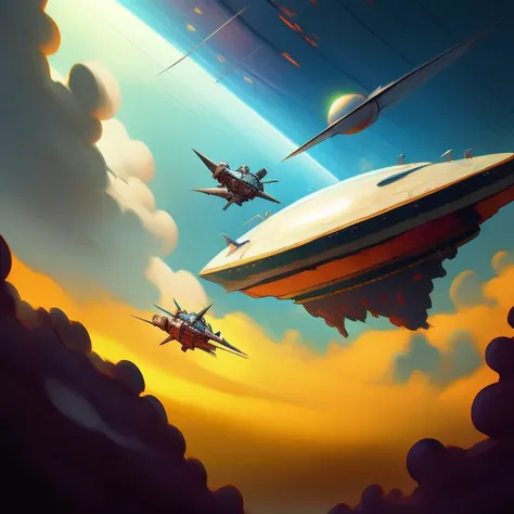 SFW, sci-fi landscape with space ships and planets.