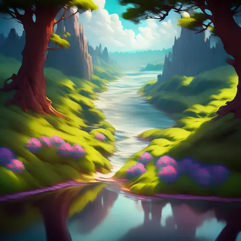 SFW, paradise valley, lush trees, river, flowers, sci-fi vibes.