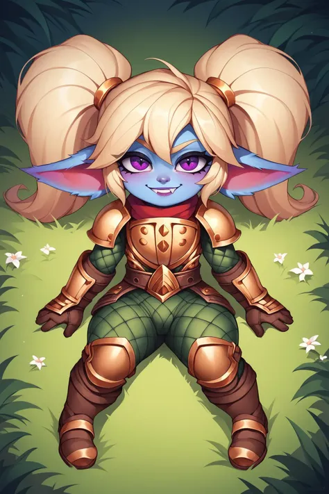 score_9, score_8_up, score_7_up, score_6_up, score_5_up, score_4_up, PoppyLoLXL, yordle, shortstack, purple eyes, blonde hair, twintails, blue skin, colored skin, golden armor,green snakeskin shirt, green snakeskin pants, brown boots, lying on grass, looking at viewer, seductive smile, forest, tree  <lora:PoppyLoLXL:0.7>