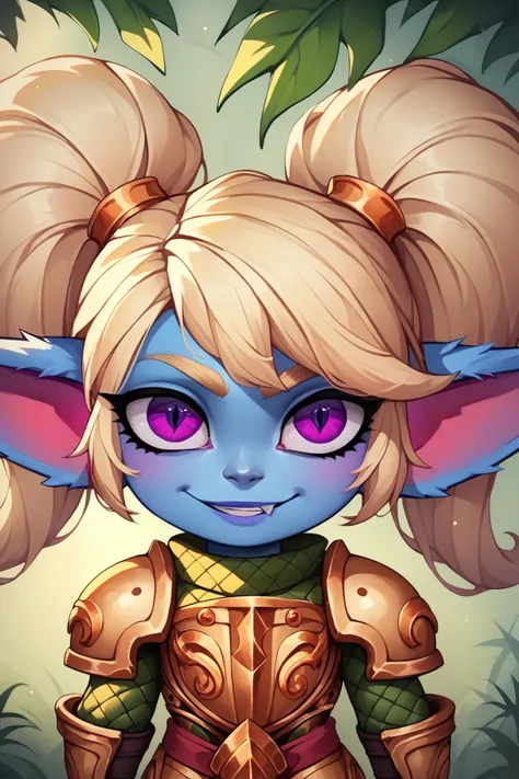 score_9, score_8_up, score_7_up, score_6_up, score_5_up, score_4_up, PoppyLoLXL, yordle, shortstack, purple eyes, blonde hair, twintails, blue skin, colored skin, golden armor,green snakeskin shirt, green snakeskin pants, (portrait shot, upper body), looking at viewer, seductive smile, forest, tree  <lora:PoppyLoLXL:0.7>