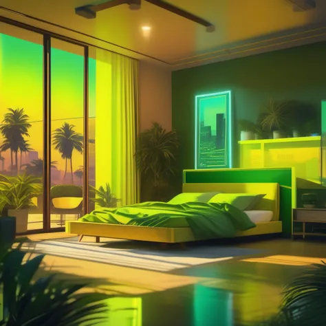 an image picture of a modern bedroom, yellow and light green, <lora:NeonifyV2-000003:1> neon realism