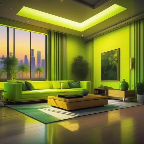 an image picture of a luxury modern home interior, yellow and light green, <lora:NeonifyV2-000003:0.75> neon realism