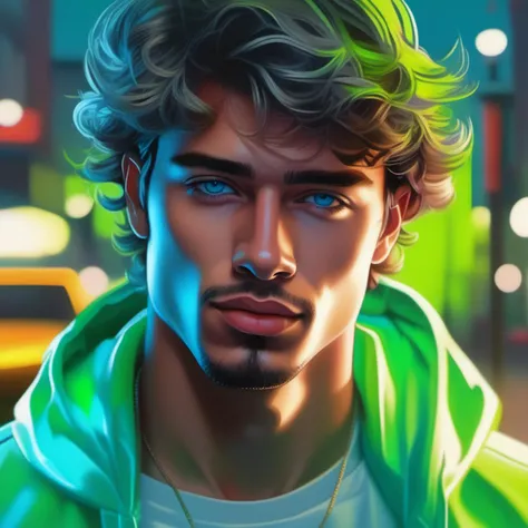 an image picture of a handsome young man, light blue and light green, <lora:NeonifyV2-000003:0.75> nnfy neon realism