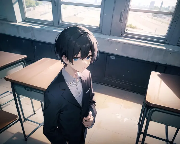 (masterpiece, best quality), lens flare, 1boy, male focus, classroom, solo, desk, indoors, shirt, school desk, black hair, white shirt, chair, window, collared shirt, school uniform, standing, short hair, pants, long sleeves, black pants