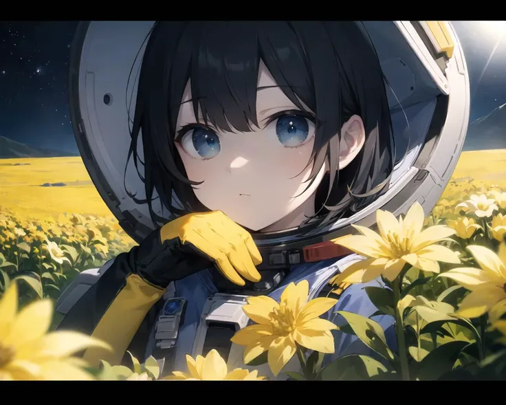 (masterpiece, best quality),cinematic composition, letterboxed, depth of field, solo focus, astronaut sitting in a field of yellow flowers with resting on the ground, gloves, yellow flower, black gloves, spacesuit, science fiction, sunlight, black hair, blue eyes, looking at viewer