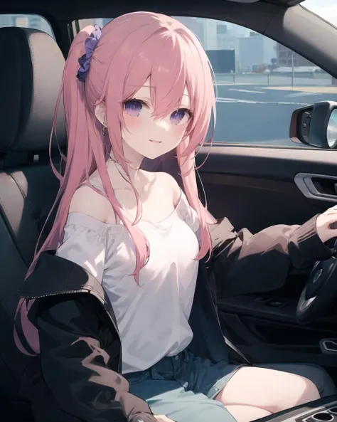 (masterpiece, best quality), 1 girl sitting in a car, 1 girl, jewelry, smile, looking at viewer, car interior, solo, pink hair, purple eyes, steering wheel, blush, long hair, white shirt, off the shoulder, black jacket, hair between the eyes, long sleeves, elastic wrist,