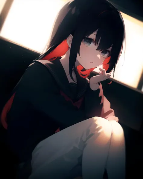 (masterpiece, best quality),
dark background, light particles, glare
1girl,sitting,
multicolored hair, serafuku, looking at viewer,