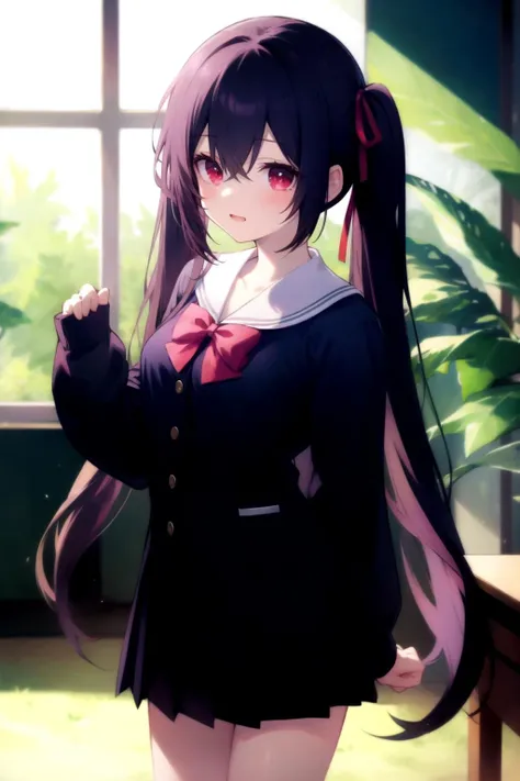 (masterpiece, best quality),ray tracing,absurdres, HDR,1girl, bangs, black hair, twintails, very_long_hair, black_skirt, blush, bow, bowtie,breasts, depth_of_field, hair_between_eyes, hair_ribbon, indoors, , long_sleeves, looking at viewer, , pleated_skirt, red bow, red bowtie, red_eyes, red ribbon, school_uniform, shirt, sidelocks, pleated skirt, solo, white_shirt,cowboy shot,happy,cute face,natural light