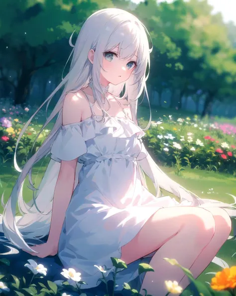 (masterpiece, best quality),1girl with long white hair sitting in a field of green plants and flowers, warm lighting, white dress, blurry foreground,dynamic pose,