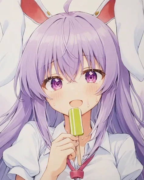 reisen udongein inaba,1girl, solo, popsicle, white_shirt, upper_body, traditional_media, sweat, puffy_short_sleeves, open_mouth, collared_shirt, holding
<lora:reisen_udongein_inaba_image7606_2023-12-20-000006:1>,star-shaped_pupils,symbol-shaped_pupils,. gorgeous,key visual, vibrant, studio anime,award-winning, professional, highly detailed,high budget, cinemascope