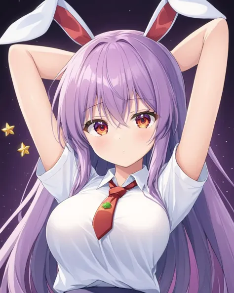 reisen udongein inaba,1girl, solo, red_necktie, carrot, looking_at_viewer, breasts, arm_behind_head, short_sleeves, white_shirt, skirt
<lora:reisen_udongein_inaba_image7606_2023-12-20-000006:1>,star-shaped_pupils,symbol-shaped_pupils,. gorgeous,key visual, vibrant, studio anime,award-winning, professional, highly detailed,high budget, cinemascope