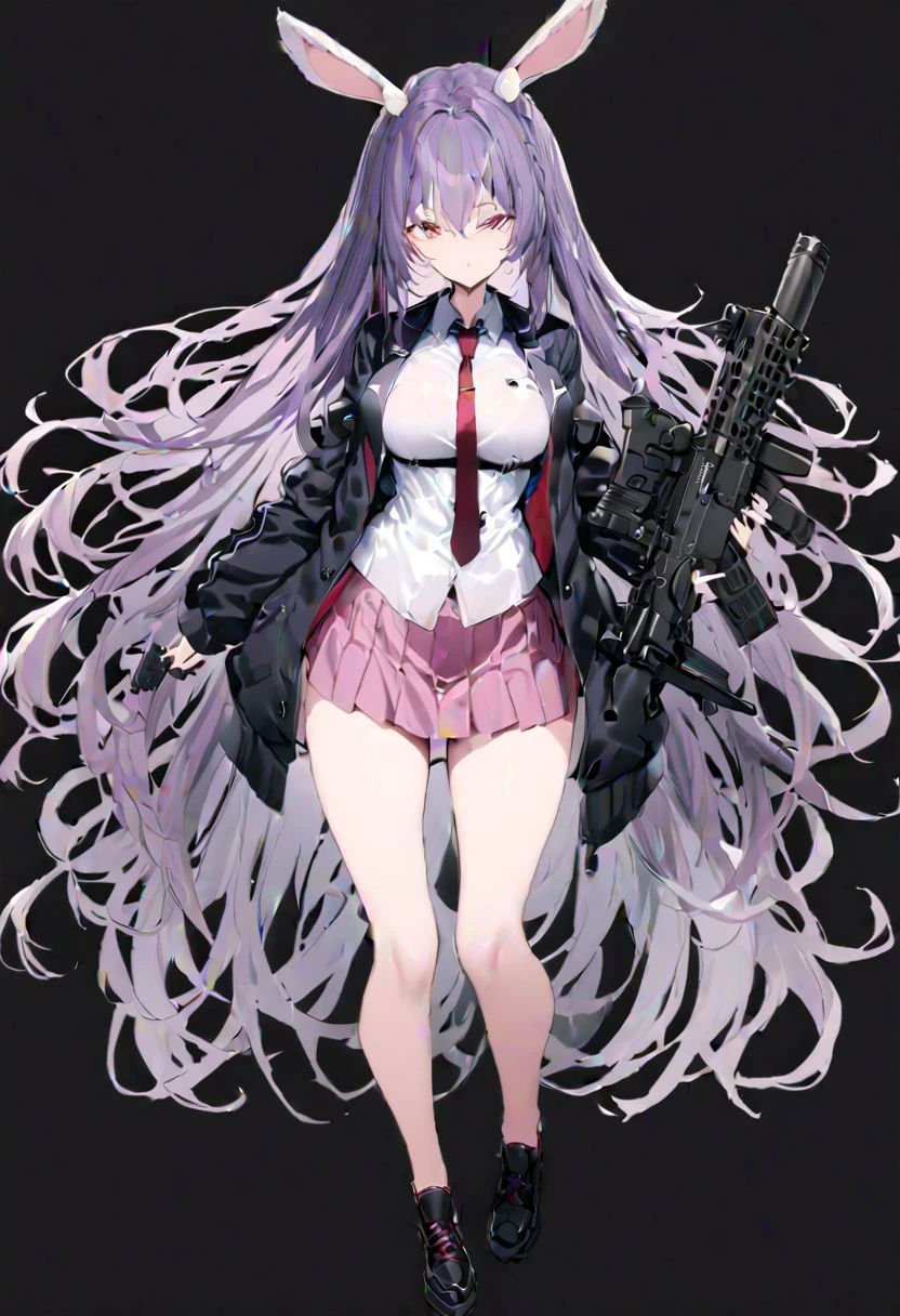 masterpiece, best quality, ultra-detailed, beautiful, nai3, 1girl, solo, full_body, tachi-e,
reisen_udongein_inaba, 1girl, purple_hair, very_long_hair, rabbit_ears, red_eyes, black_jacket, open_jacket, necktie, white_shirt, pink_skirt, gun, weapon, holding_gun, rifle, assault_rifle, trigger_discipline, animal_ears,