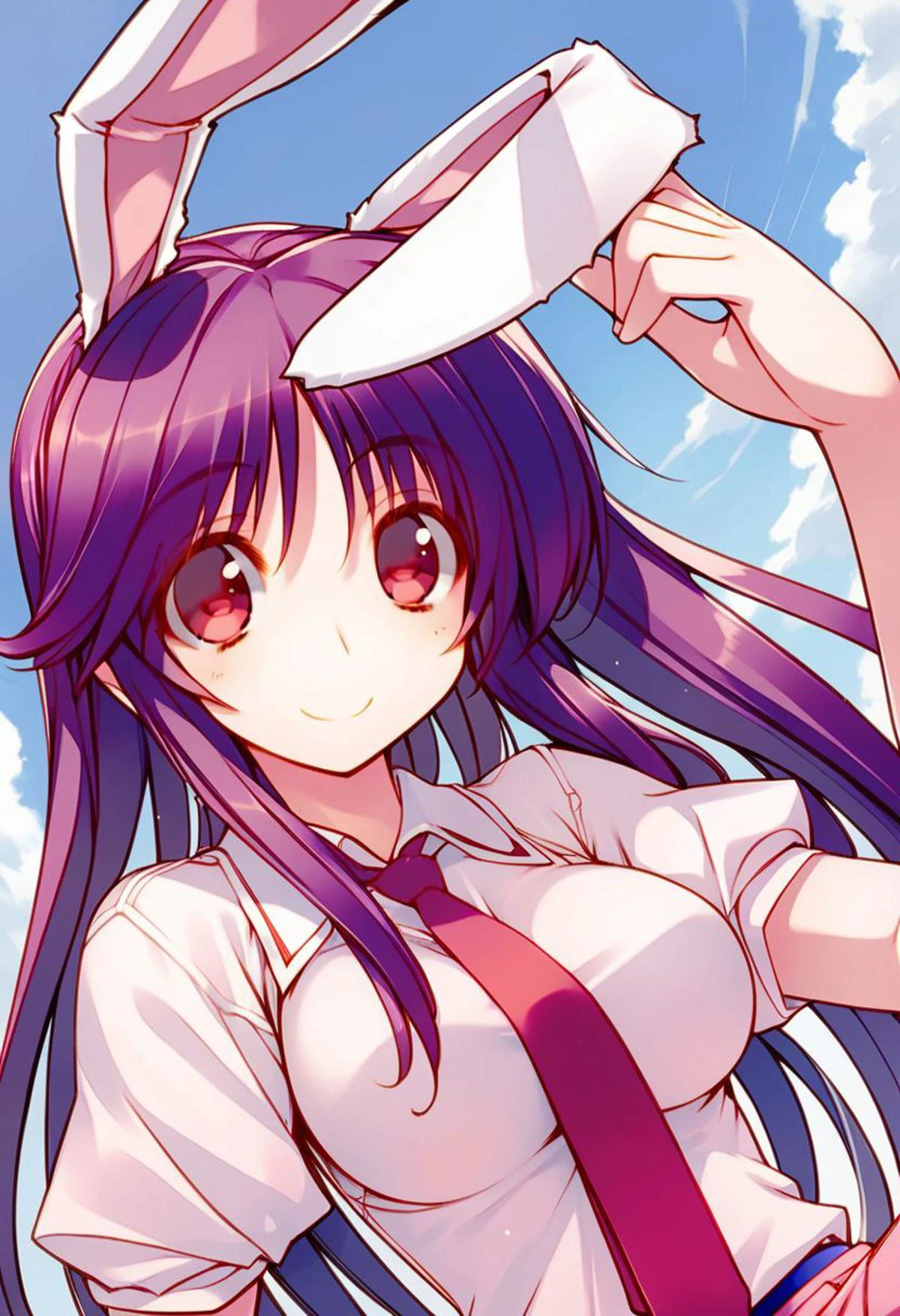 score_9, score_8_up, score_7_up, source_anime, BREAK, cute, bright, solo, 1girl, 1girl, touhou, reisen udongein inaba, rabbit ears, purple hair, long hair, red eyes, smile, white shirt, red necktie, short sleeves, medium breasts, pink skirt, outdoors, blue sky, Amaduyu Tatsuki style