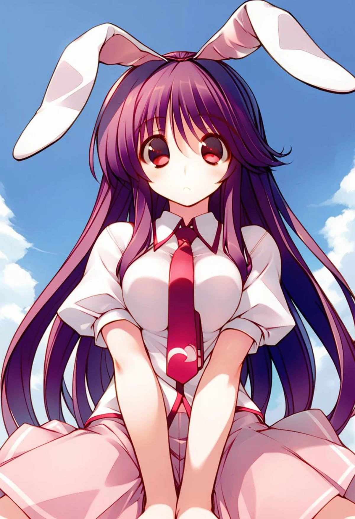 score_9, score_8_up, score_7_up, source_anime, BREAK, cute, bright, solo, 1girl, 1girl, touhou, reisen udongein inaba, rabbit ears, purple hair, long hair, red eyes, white shirt, red necktie, short sleeves, medium breasts, pink skirt, outdoors, blue sky, Amaduyu Tatsuki style