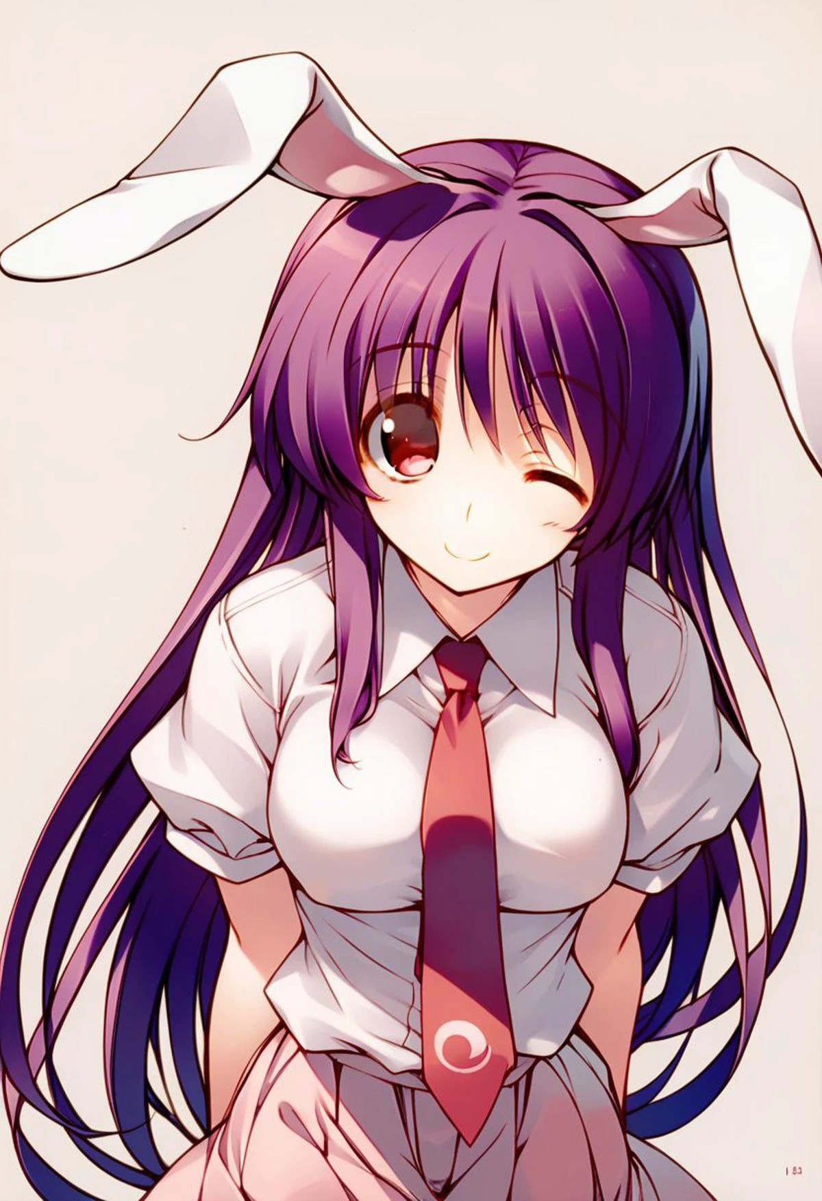 score_9, score_8_up, score_7_up, source_anime, BREAK, cute, bright, solo, 1girl, 1girl, touhou, reisen udongein inaba, rabbit ears, purple hair, long hair, red eyes, white shirt, red necktie, short sleeves, medium breasts, pink skirt, wink, (smile), arms behind back, Amaduyu Tatsuki style