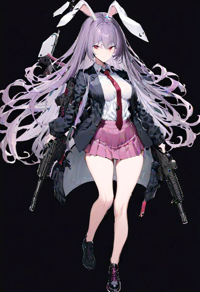 masterpiece, best quality, ultra-detailed, beautiful, nai3, 1girl, solo, full_body, tachi-e,
reisen_udongein_inaba, 1girl, purple_hair, very_long_hair, rabbit_ears, red_eyes, black_jacket, open_jacket, necktie, white_shirt, pink_skirt, gun, weapon, holding_gun, rifle, assault_rifle, trigger_discipline, animal_ears,