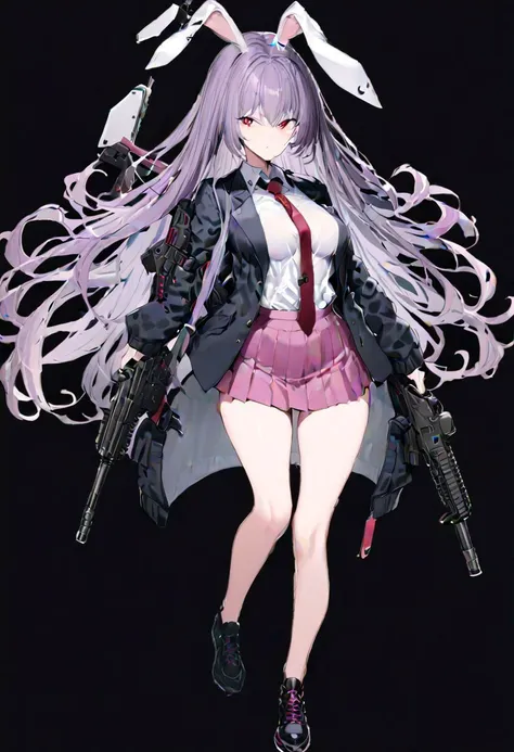 masterpiece, best quality, ultra-detailed, beautiful, nai3, 1girl, solo, full_body, tachi-e, 
reisen_udongein_inaba, 1girl, purple_hair, very_long_hair, rabbit_ears, red_eyes, black_jacket, open_jacket, necktie, white_shirt, pink_skirt, gun, weapon, holding_gun, rifle, assault_rifle, trigger_discipline, animal_ears,