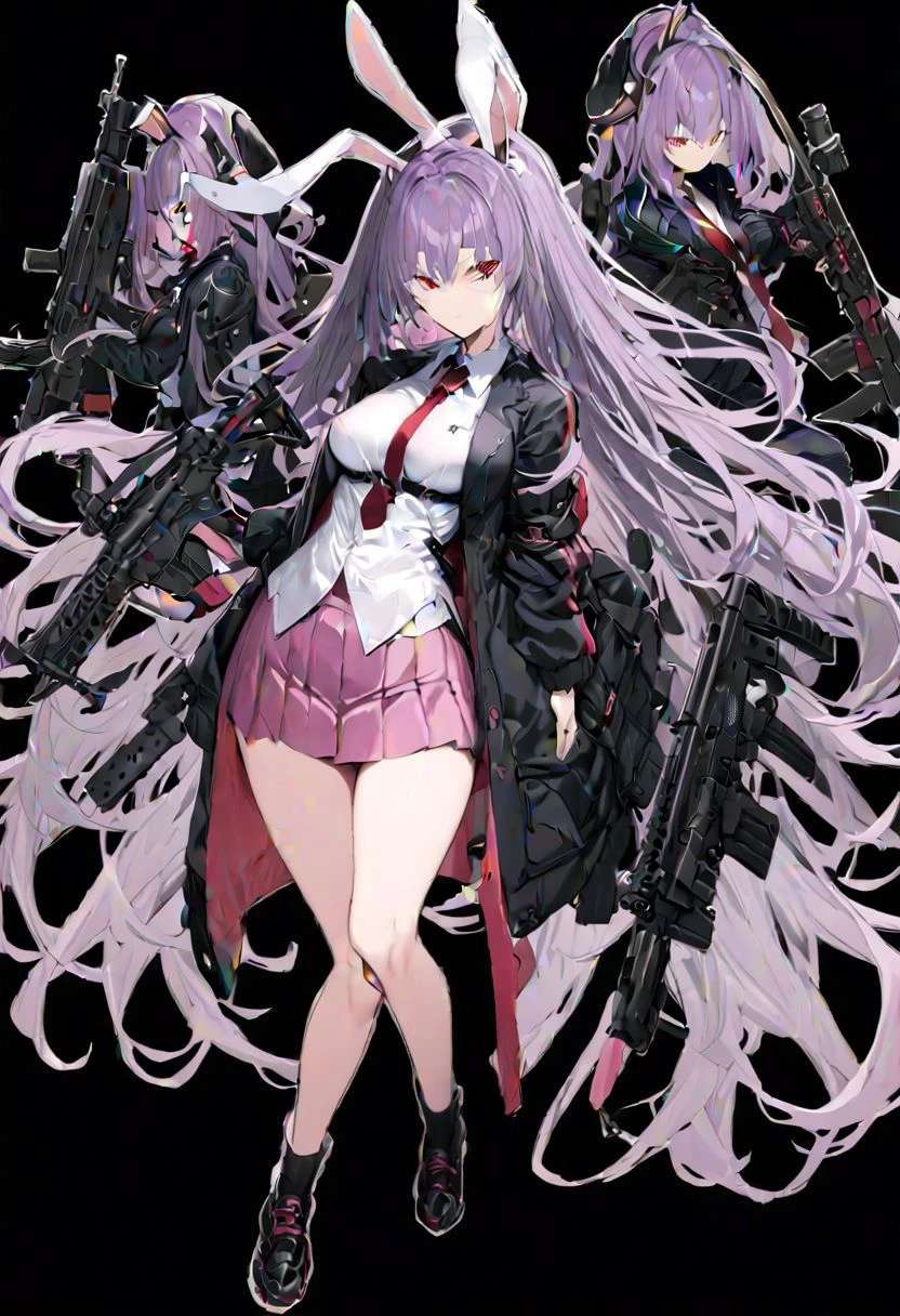 masterpiece, best quality, ultra-detailed, beautiful, nai3, 1girl, solo, full_body, tachi-e,
reisen_udongein_inaba, 1girl, purple_hair, very_long_hair, rabbit_ears, red_eyes, black_jacket, open_jacket, necktie, white_shirt, pink_skirt, gun, weapon, holding_gun, rifle, assault_rifle, trigger_discipline, animal_ears,