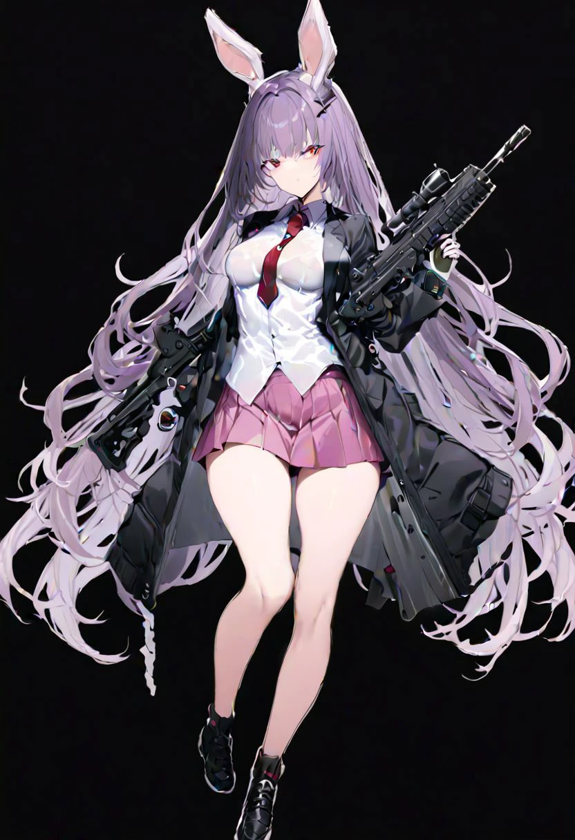 masterpiece, best quality, ultra-detailed, beautiful, nai3, 1girl, solo, full_body, tachi-e,
reisen_udongein_inaba, 1girl, purple_hair, very_long_hair, rabbit_ears, red_eyes, black_jacket, open_jacket, necktie, white_shirt, pink_skirt, gun, weapon, holding_gun, rifle, assault_rifle, trigger_discipline, animal_ears,