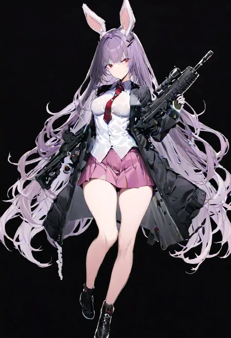 masterpiece, best quality, ultra-detailed, beautiful, nai3, 1girl, solo, full_body, tachi-e, 
reisen_udongein_inaba, 1girl, purple_hair, very_long_hair, rabbit_ears, red_eyes, black_jacket, open_jacket, necktie, white_shirt, pink_skirt, gun, weapon, holding_gun, rifle, assault_rifle, trigger_discipline, animal_ears,