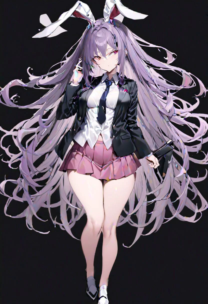 masterpiece, best quality, ultra-detailed, beautiful, nai3, 1girl, solo, full_body, tachi-e,
((reisen_udongein_inaba)):2, 1girl, purple hair, very long hair, rabbit ears, red eyes, black jacket, open jacket, necktie, white shirt, pink skirt,