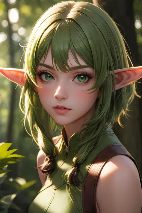 masterpiece, best quality, highres, absurdres, ultra detailed, realistic
1girl, elf, pointy ears, short hair, green eyes, green hair,
forest, outdoors, <lora:highelf1:1>