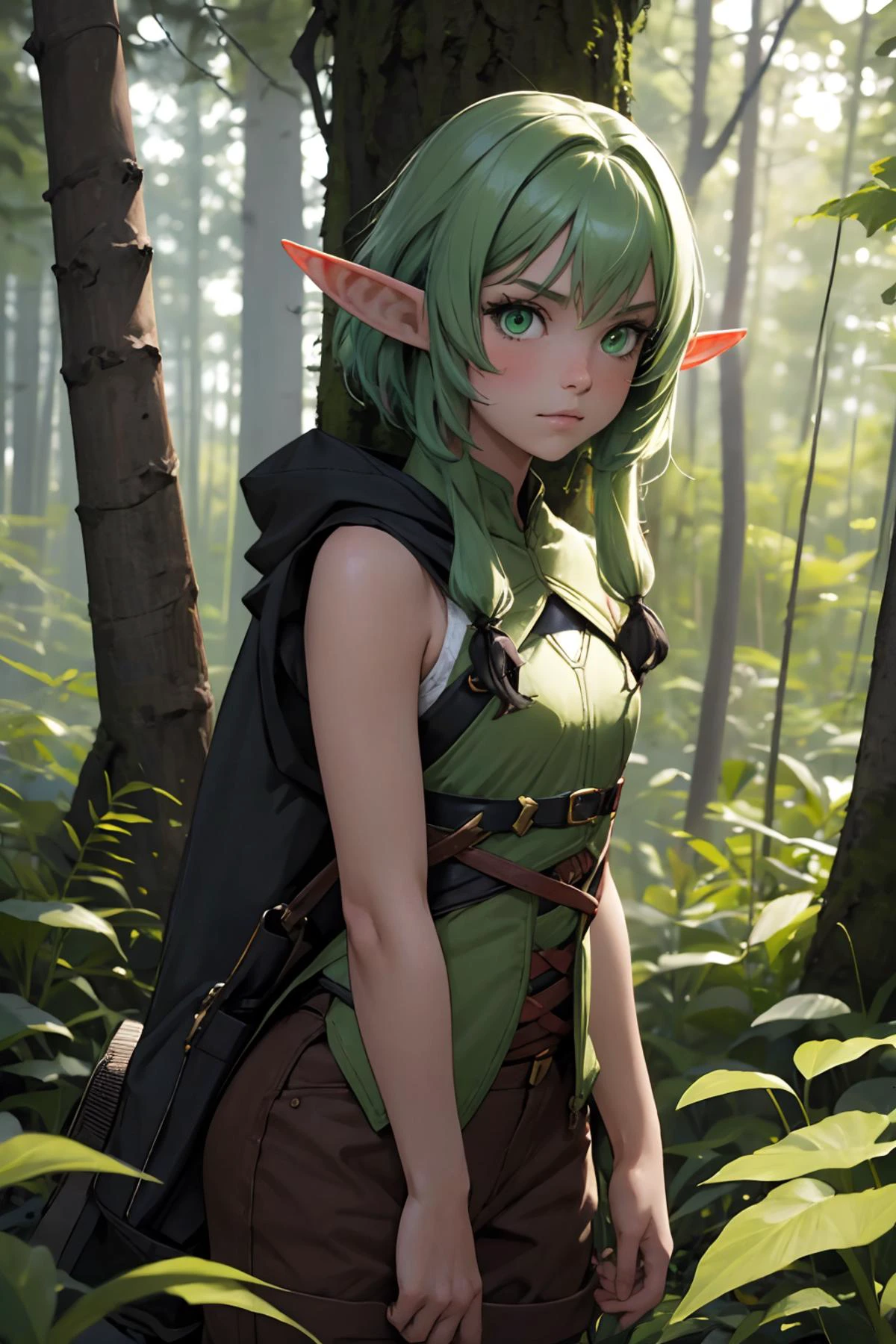high quality, masterpiece, best quality, 1girl, elf, pointy ears, short hair, green eyes, green hair, forest, outdoors, <lora:highelf1-000014:1>