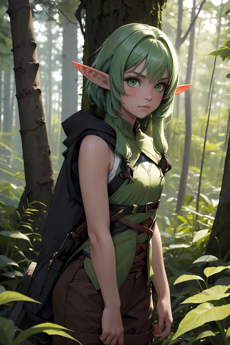 high quality, masterpiece, best quality, 1girl, elf, pointy ears, short hair, green eyes, green hair, forest, outdoors, <lora:highelf1-000014:1>