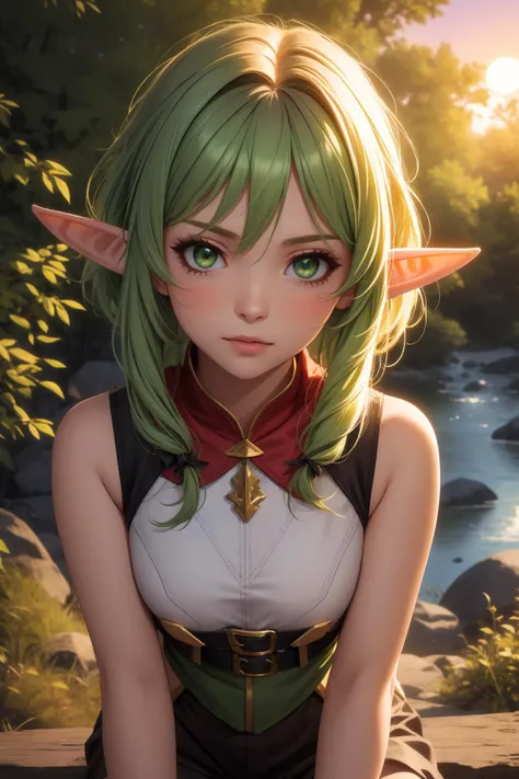 masterpiece, best quality, highres, absurdres, ultra detailed,
1girl, elf, pointy ears, short hair, green eyes, green hair, 
forest, outdoors,  sunset, looking at viewer 
<lora:highElfArcherGoblinSlayer_v10:1>