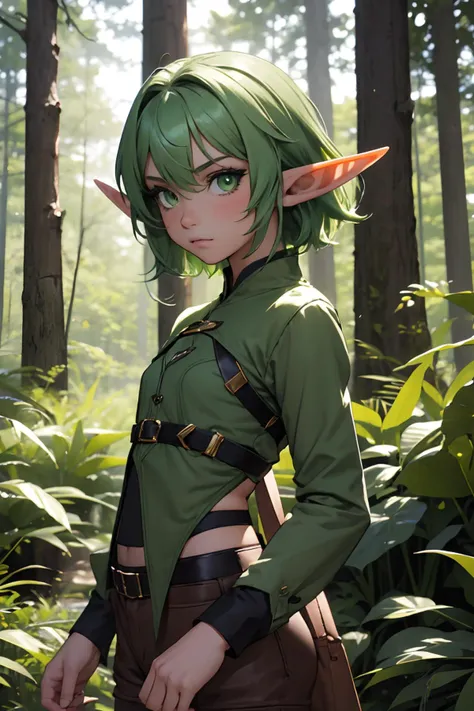 high quality, masterpiece, best quality, 1girl, elf, pointy ears, short hair, green eyes, green hair, forest, outdoors, <lora:highelf1-000014:1>