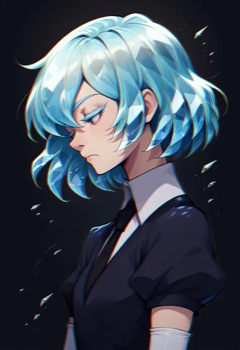 chromatic aberration ,hskdmnd, crystal hair, colored eyelashes, multicolored hair, short hair, black shirt, puffy short sleeves, collared shirt, black necktie, elbow gloves, white gloves, dark background, upper body, from side, head tilt, expressionless, 
score_9,score_8_up,score_7_up,source_anime, 
<lora:potat_chromatic_aberration_PDXL_v3:1> <lora:Hoseki_HousekiNoKuni_Diamond_PDXL_v1:0.8>