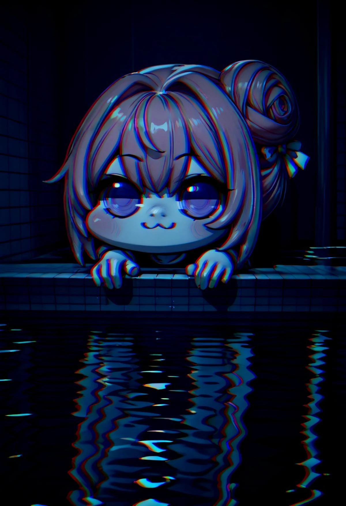 score_9,score_8_up,score_7_up,night, dark environment,
BREAK
poolrooms, 3d, no humans, indoors, scenery, water, tile floor, tile wall
BREAK
doro, creature, :3, chibi, pink hair, purple eyes, hair bun, hair bow, no humans, white skin, four legs, solid circle eyes, no pupils, glowing eyes,chromatic aberration,
<lora:background_liminalspaces_ponyXL:1> <lora:chromaticAberrationPDXL2_v3:1> <lora:Doro_X_PDXL_V1:0.7>