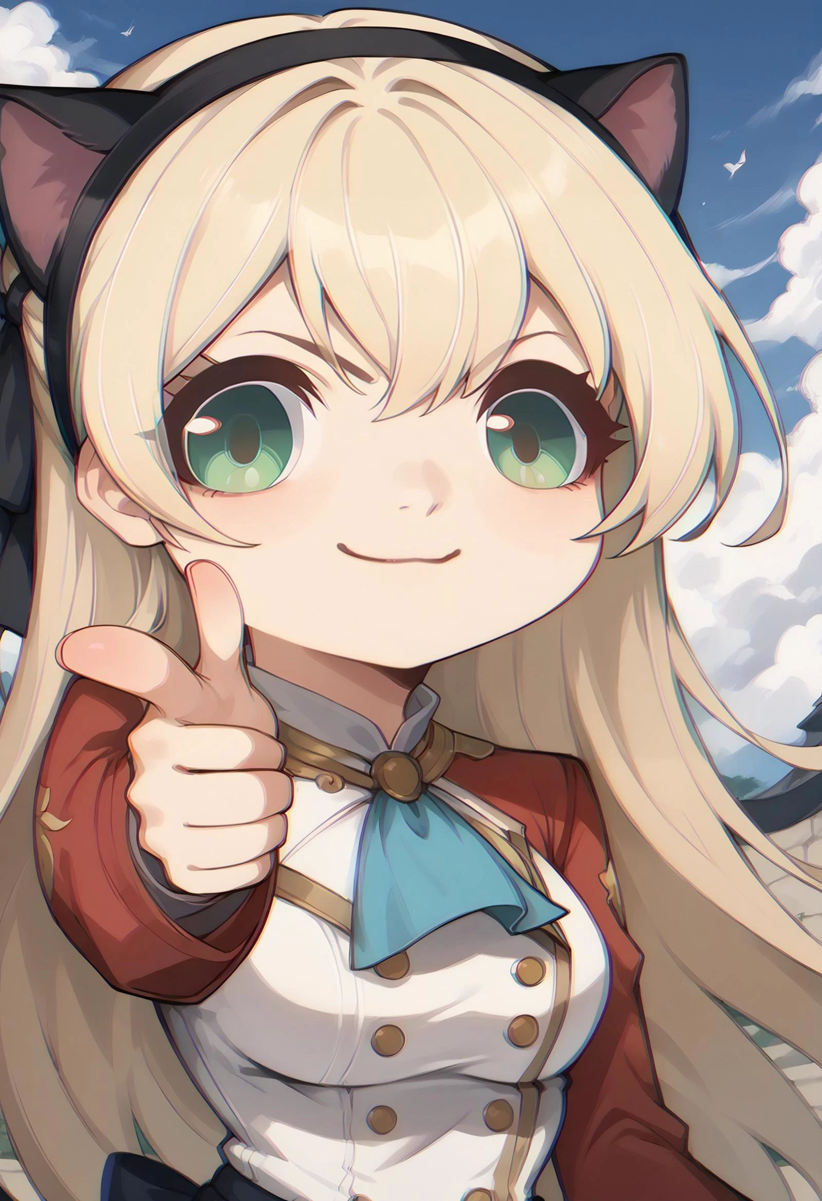 score_9,score_8_up,score_7_up,detailed, chromatic aberration, <'EM_1'> , portrait, zeroElie, black hairband, hair ribbon, long hair, ascot, uniform, long red sleeves, white dress, smile, closed mouth, close-up,finger gun, pointing at viewer, green eyes, cat ears,
<lora:potat_chromatic_aberration_PDXL_v3:1.0> <lora:elie-pdxl-nvwls-v1:0.8> <lora:Fingergun_XLPD:1> <lora:meme_mutsukiface_ponyXL:1.3>